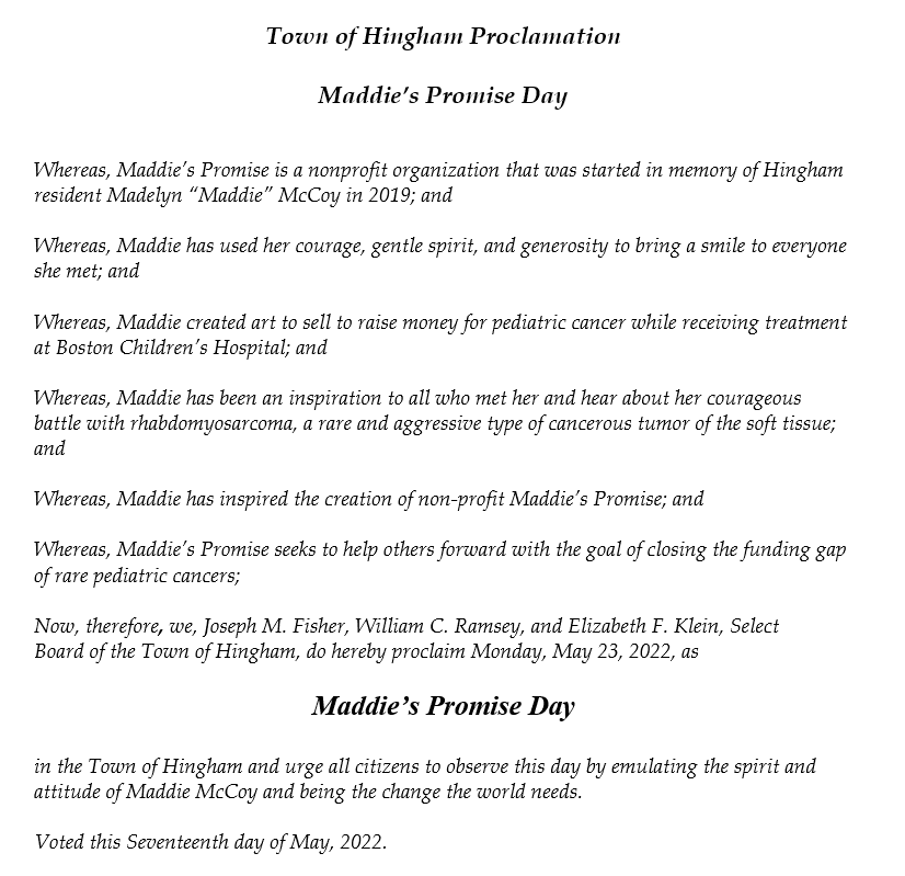 Hingham Proclaims Maddie's Promise Day