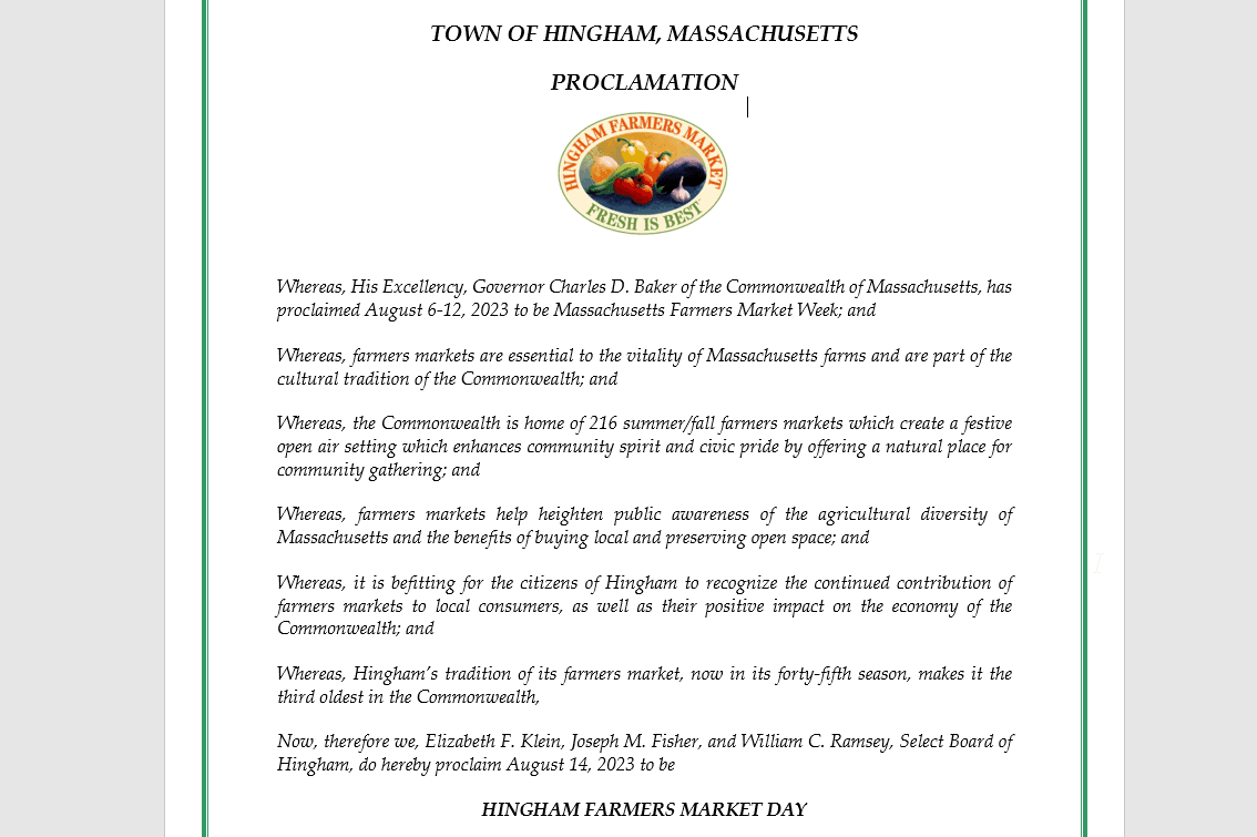 Farmers Market Day Proclamation