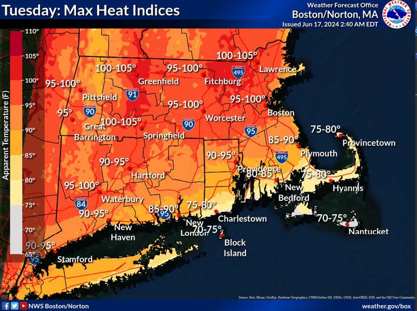 Heat index map of new england for June 17